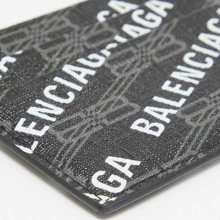 Pre Owned Balenciaga Black/White Printed Logo Leather Card Holder