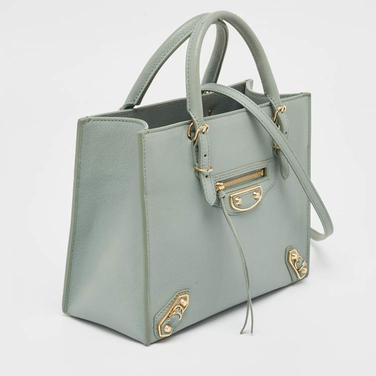 Pre Owned Balenciaga Light Green Leather Mini Papier A4 Tote