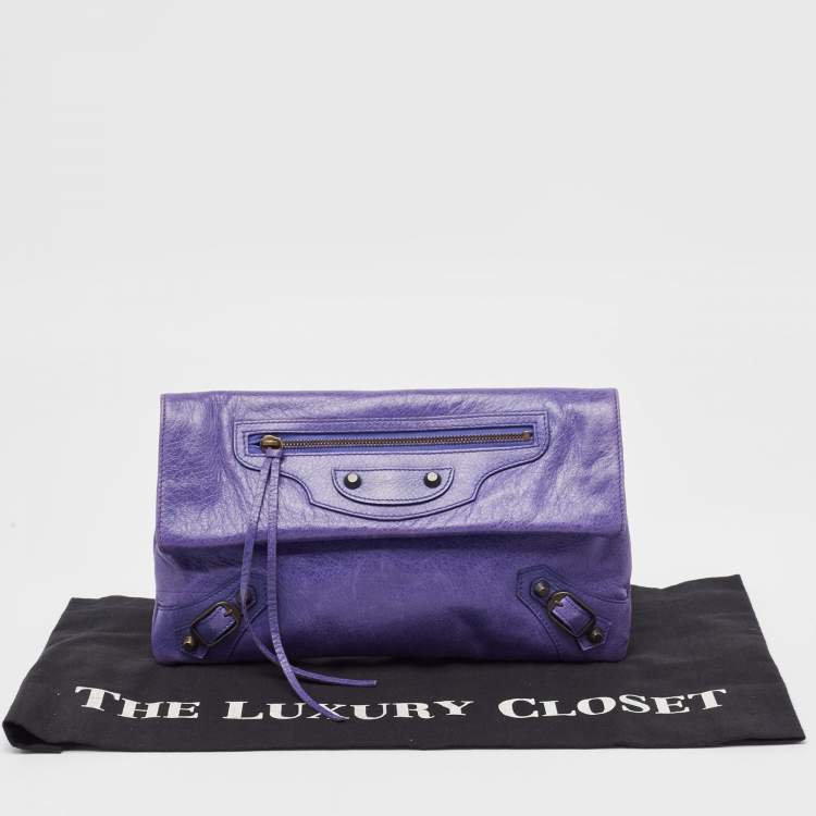 Pre Owned Balenciaga Purple Leather RH Envelope Clutch