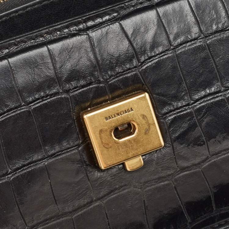 Pre Owned Balenciaga Black Croc Embossed Leather Small Gossip Shoulder Bag