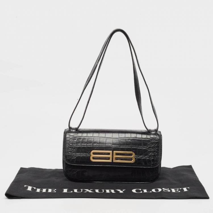 Pre Owned Balenciaga Black Croc Embossed Leather Small Gossip Shoulder Bag