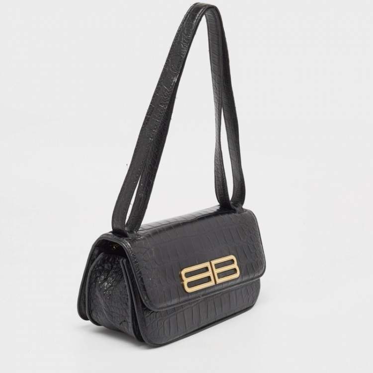 Pre Owned Balenciaga Black Croc Embossed Leather Small Gossip Shoulder Bag