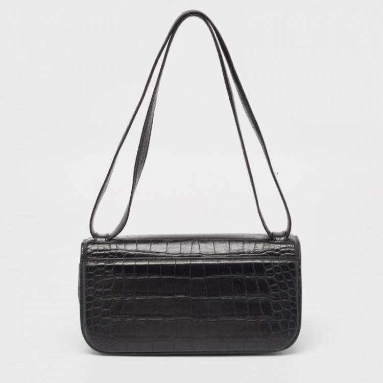 Pre Owned Balenciaga Black Croc Embossed Leather Small Gossip Shoulder Bag
