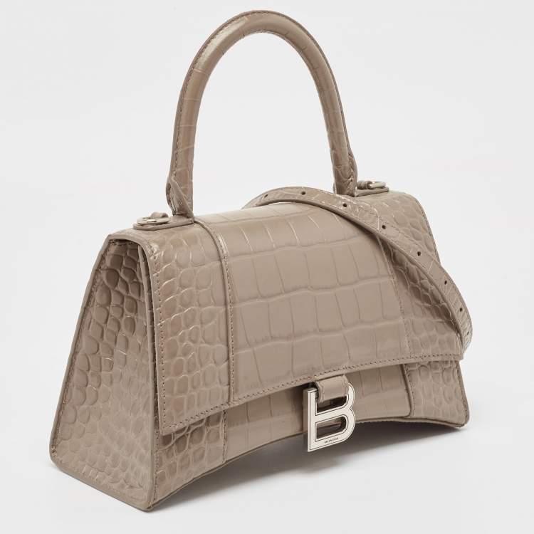 Pre Owned Balenciaga Dark Beige Croc Embossed Leather Small Hourglass Top Handle Bag