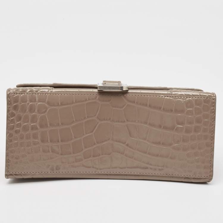 Pre Owned Balenciaga Dark Beige Croc Embossed Leather Small Hourglass Top Handle Bag