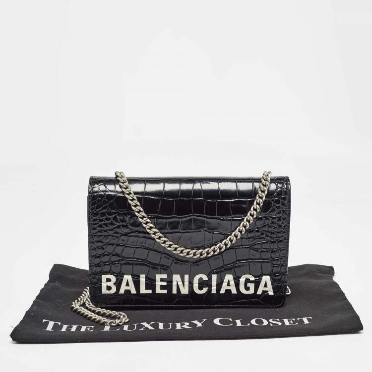 Pre Owned Balenciaga Black Croc Embossed Leather Ville Chain Clutch