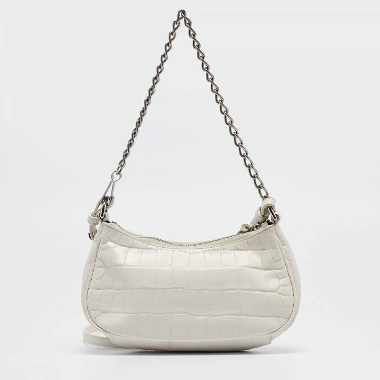 Pre Owned Balenciaga White Croc Embossed Leather Mini Le Cagole Shoulder Bag
