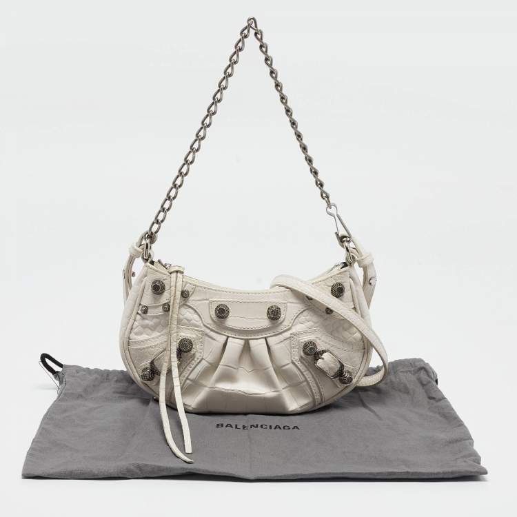 Pre Owned Balenciaga White Croc Embossed Leather Mini Le Cagole Shoulder Bag