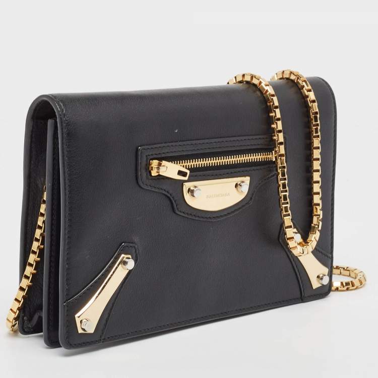 Pre Owned Balenciaga Black Leather Amp Plate Gold Wallet on Chain