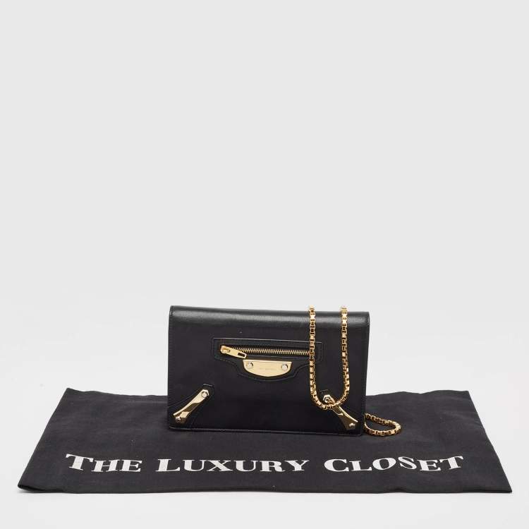 Pre Owned Balenciaga Black Leather Amp Plate Gold Wallet on Chain