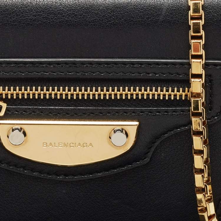 Pre Owned Balenciaga Black Leather Amp Plate Gold Wallet on Chain