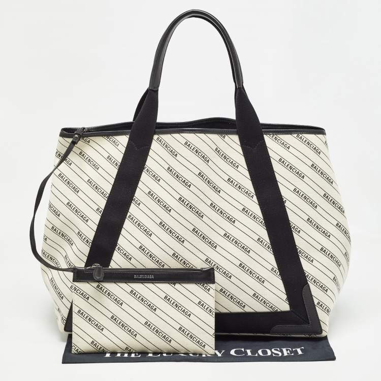 Pre Owned Balenciaga Beige/Black Canvas and Leather M Navy Cabas Tote