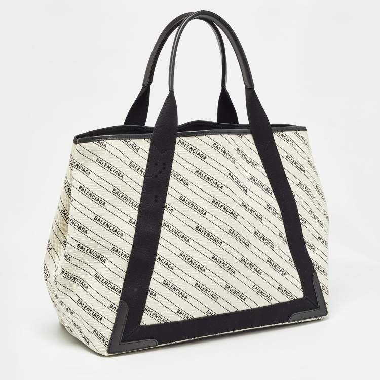 Pre Owned Balenciaga Beige/Black Canvas and Leather M Navy Cabas Tote