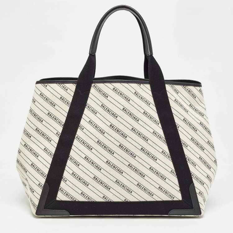 Pre Owned Balenciaga Beige/Black Canvas and Leather M Navy Cabas Tote