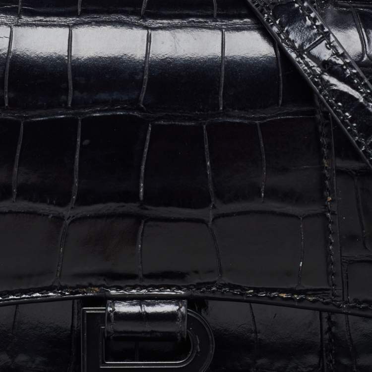 Pre Owned Balenciaga Black Croc Embossed Leather XS Hourglass Top Handle Bag