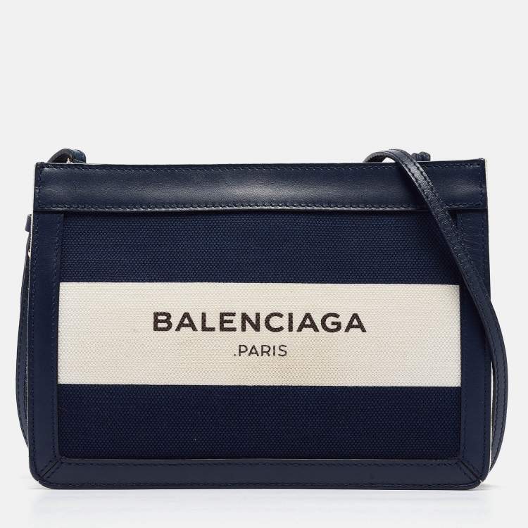 Pre Owned Balenciaga Blue/Off White Canvas and Leather Pochette Shoulder Bag
