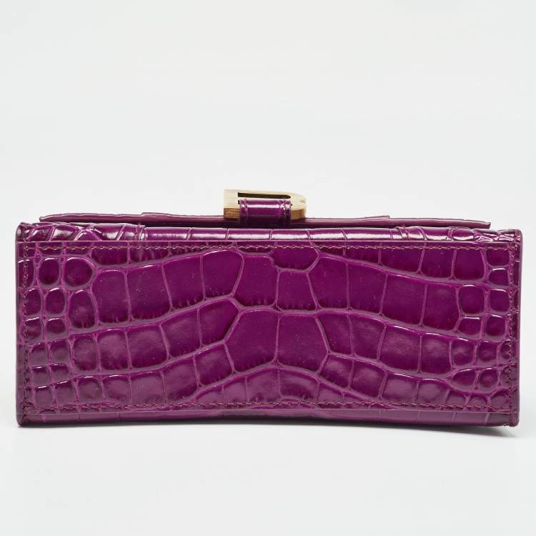 Pre Owned Balenciaga Purple Croc Embossed Leather XS Hourglass Top Handle Bag