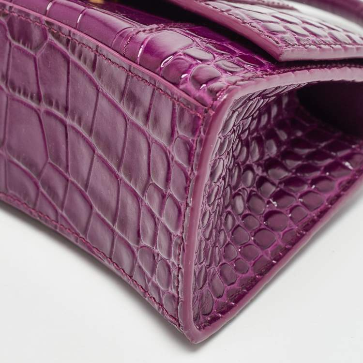 Pre Owned Balenciaga Purple Croc Embossed Leather XS Hourglass Top Handle Bag