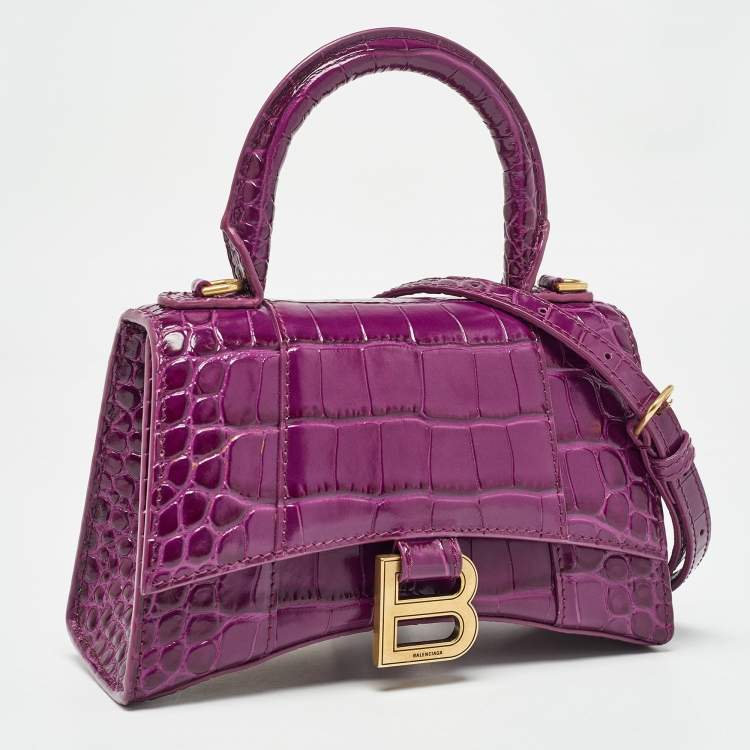 Pre Owned Balenciaga Purple Croc Embossed Leather XS Hourglass Top Handle Bag