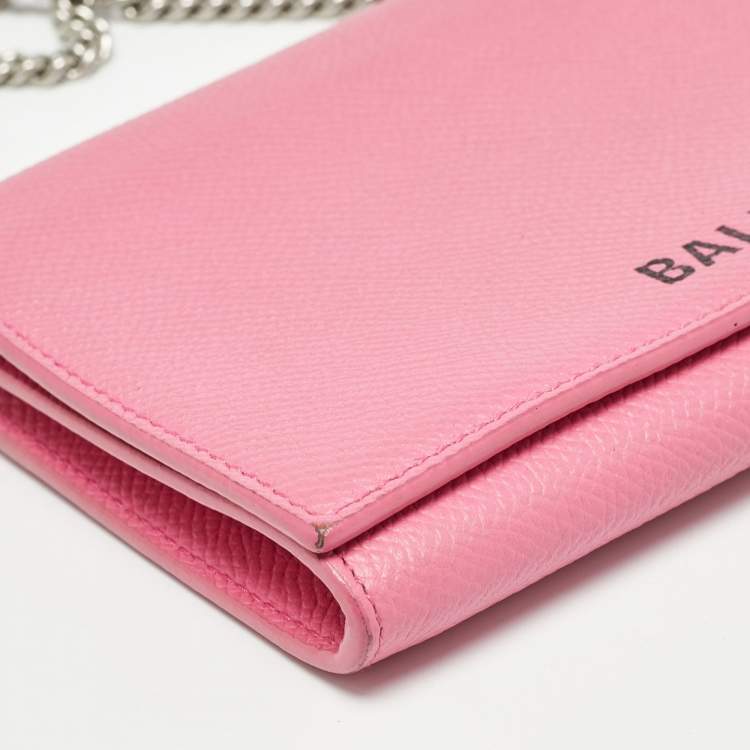 Pre Owned Balenciaga Pink Leather Logo Flap Chain Clutch