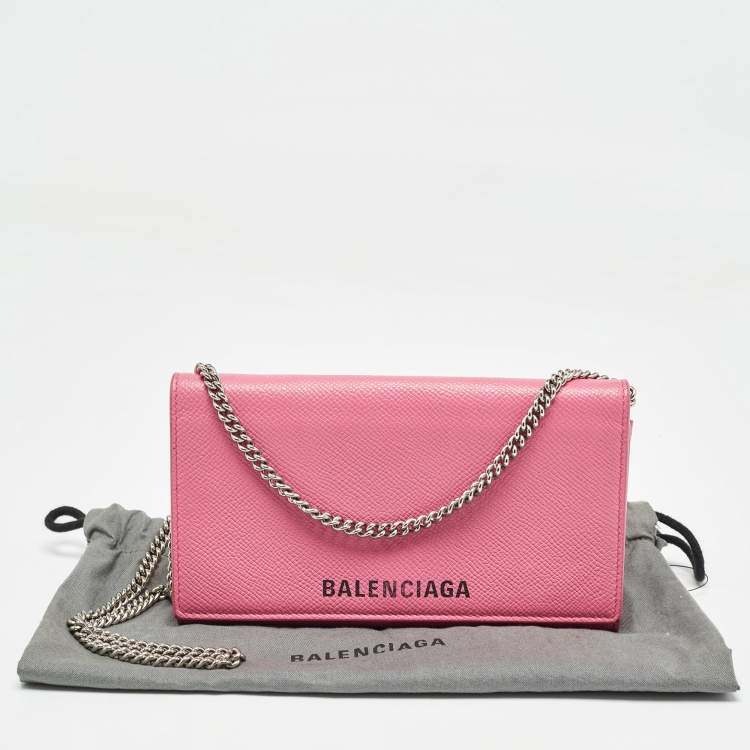 Pre Owned Balenciaga Pink Leather Logo Flap Chain Clutch