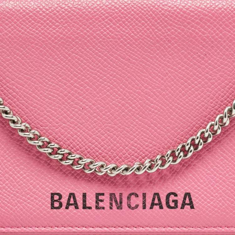 Pre Owned Balenciaga Pink Leather Logo Flap Chain Clutch
