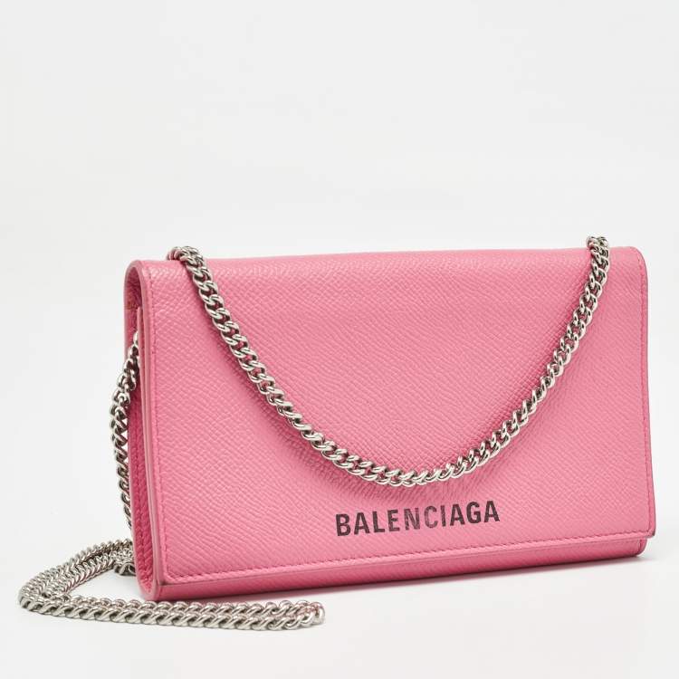Pre Owned Balenciaga Pink Leather Logo Flap Chain Clutch