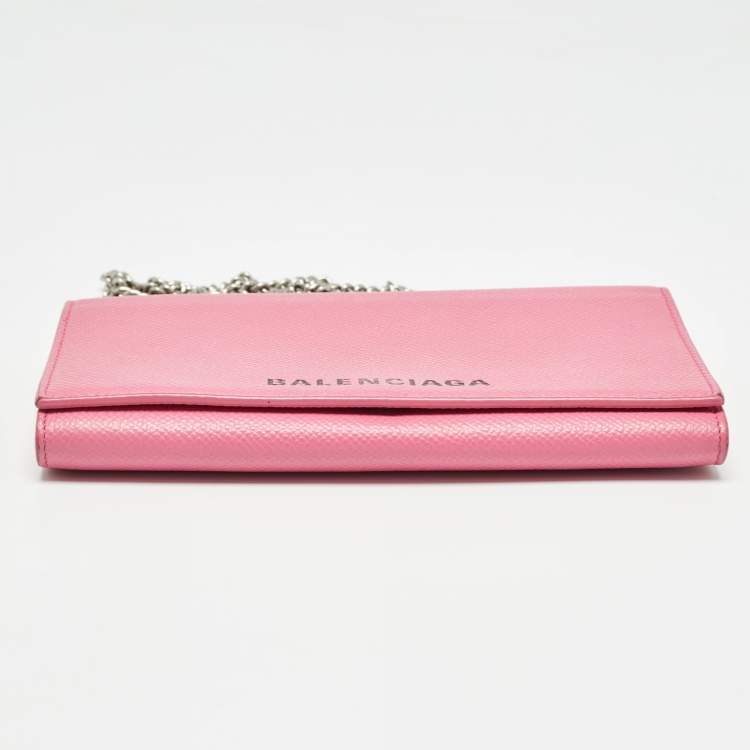 Pre Owned Balenciaga Pink Leather Logo Flap Chain Clutch