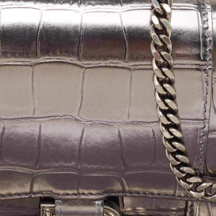 Pre Owned Balenciaga Silver Croc Embossed Leather Hourglass Wallet on Chain
