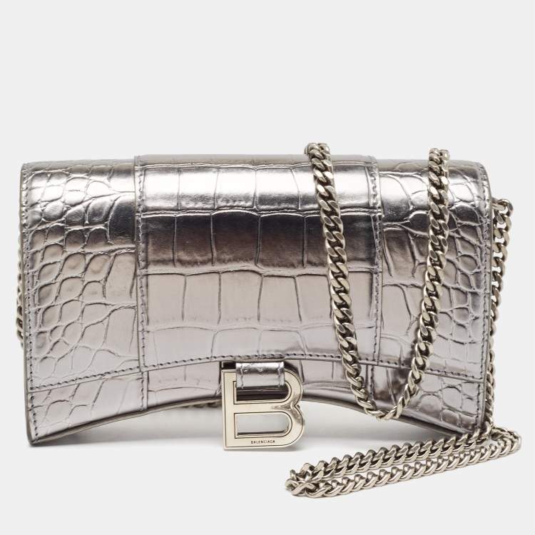 Pre Owned Balenciaga Silver Croc Embossed Leather Hourglass Wallet on Chain