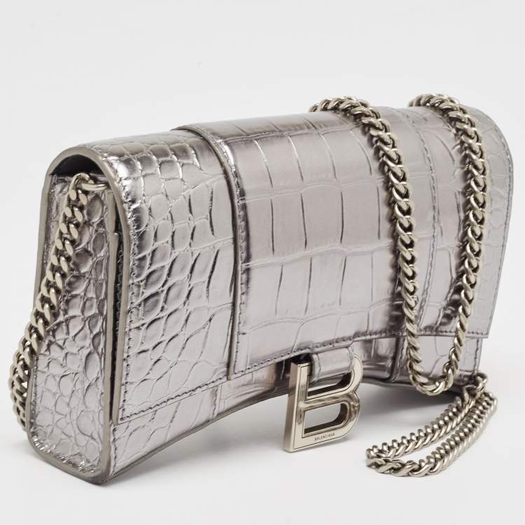 Pre Owned Balenciaga Silver Croc Embossed Leather Hourglass Wallet on Chain