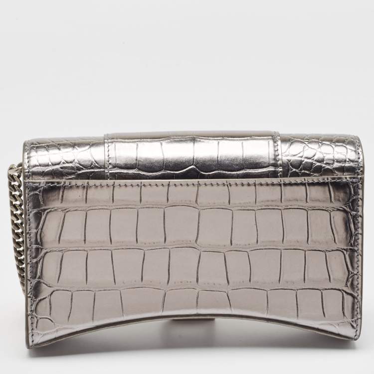Pre Owned Balenciaga Silver Croc Embossed Leather Hourglass Wallet on Chain