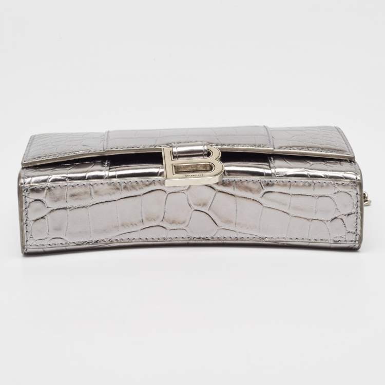 Pre Owned Balenciaga Silver Croc Embossed Leather Hourglass Wallet on Chain