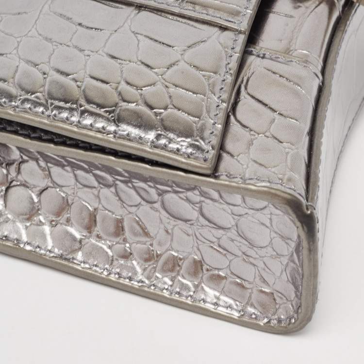 Pre Owned Balenciaga Silver Croc Embossed Leather Hourglass Wallet on Chain