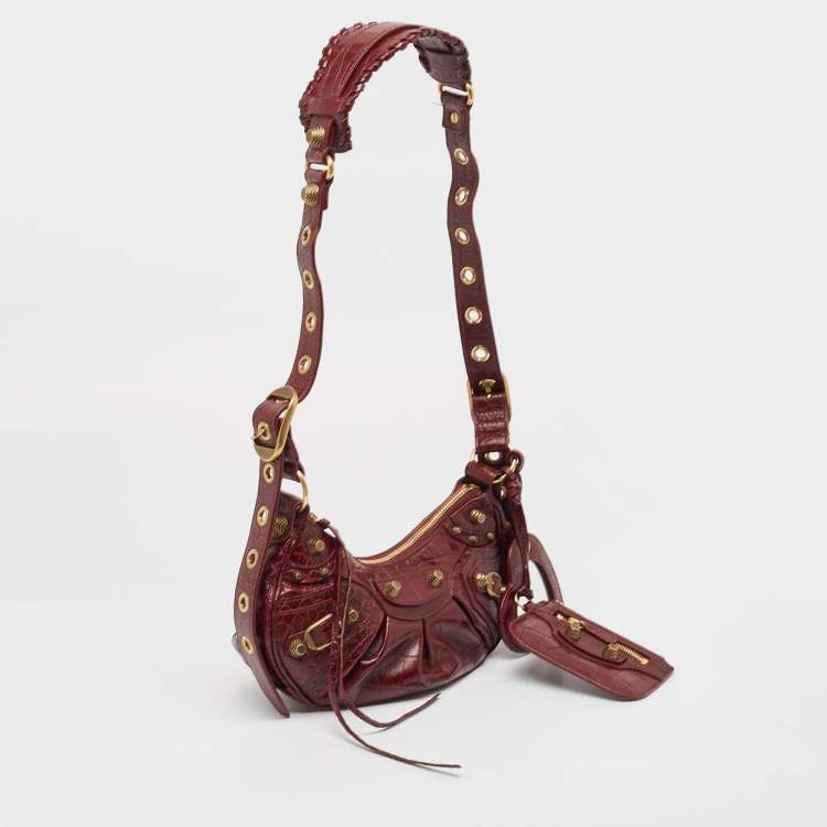 Pre Owned Balenciaga Burgundy Croc Embossed Leather XS Le Cagole Shoulder Bag