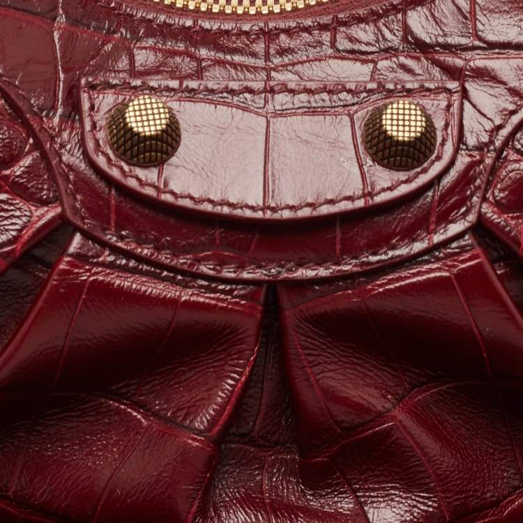 Pre Owned Balenciaga Burgundy Croc Embossed Leather XS Le Cagole Shoulder Bag