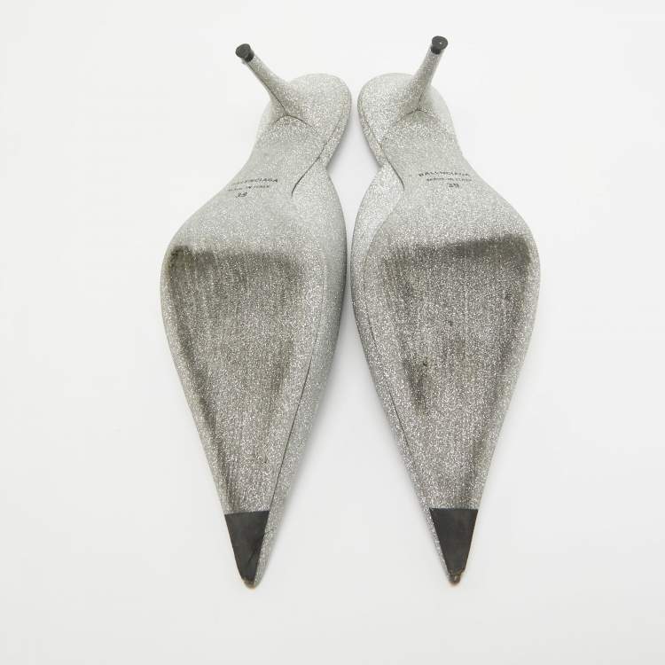 Pre Owned Balenciaga Silver Glitter Knife Mules Size 39