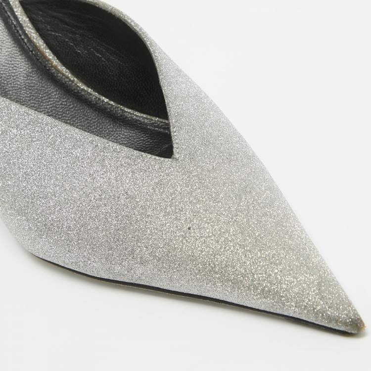 Pre Owned Balenciaga Silver Glitter Knife Mules Size 39