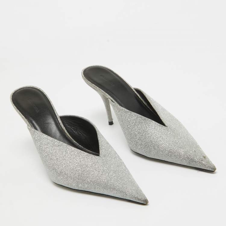 Pre Owned Balenciaga Silver Glitter Knife Mules Size 39