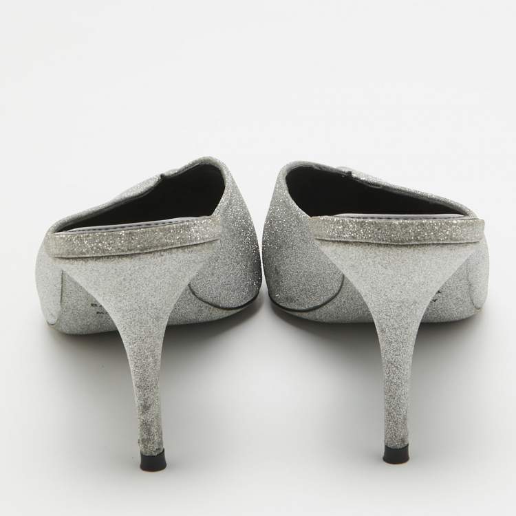 Pre Owned Balenciaga Silver Glitter Knife Mules Size 39