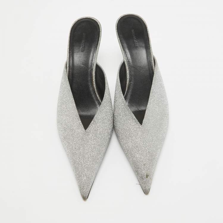 Pre Owned Balenciaga Silver Glitter Knife Mules Size 39