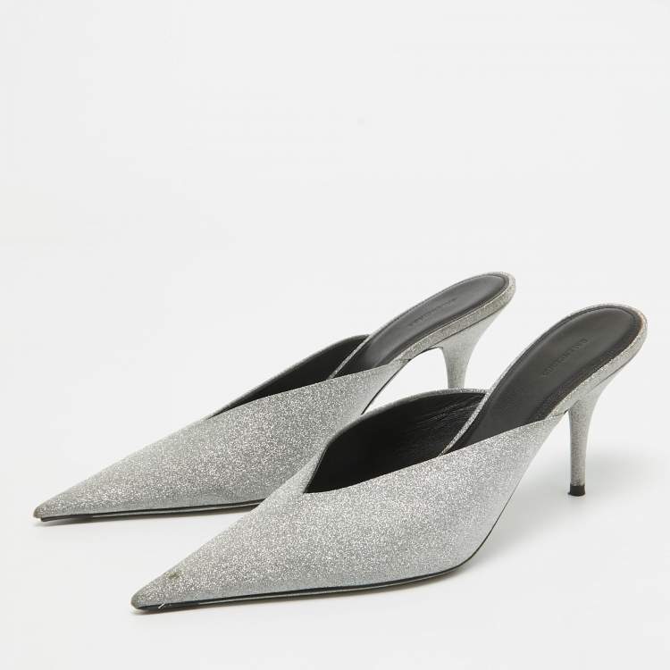 Pre Owned Balenciaga Silver Glitter Knife Mules Size 39