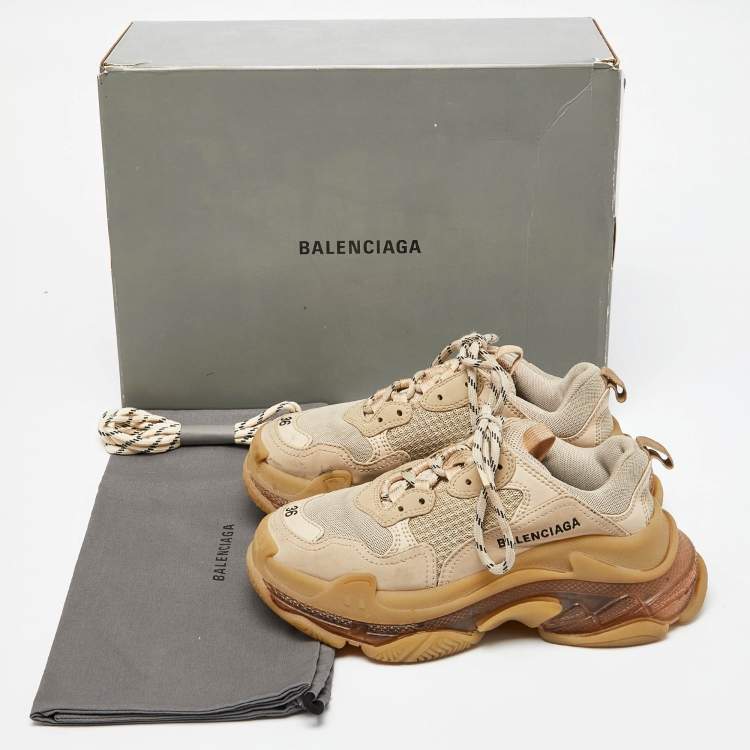 مملوكة مسبقًا Balenciaga Beige Mesh and Faux Leather Triple S Clear Sole Sneakers Size 36