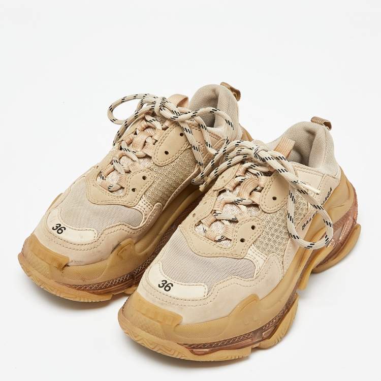 مملوكة مسبقًا Balenciaga Beige Mesh and Faux Leather Triple S Clear Sole Sneakers Size 36