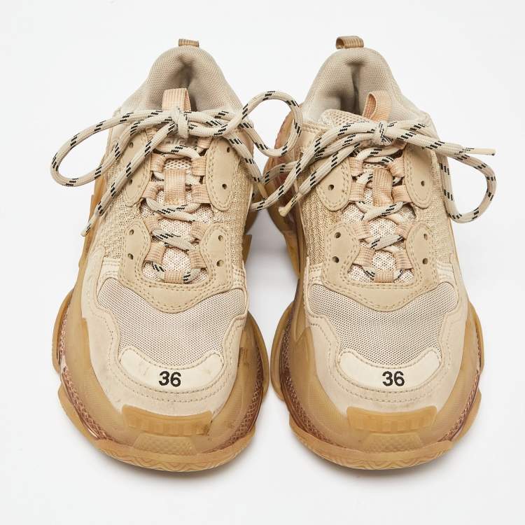 مملوكة مسبقًا Balenciaga Beige Mesh and Faux Leather Triple S Clear Sole Sneakers Size 36