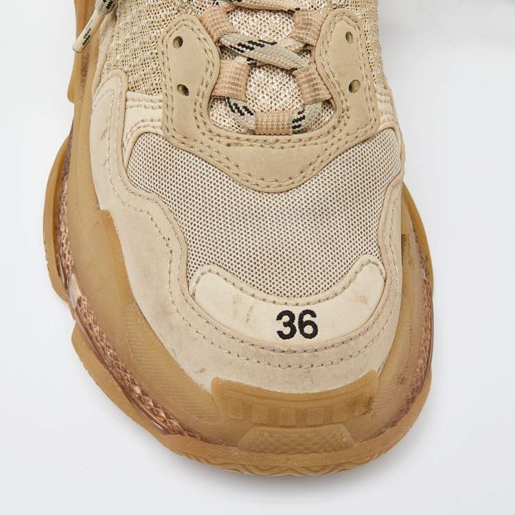 مملوكة مسبقًا Balenciaga Beige Mesh and Faux Leather Triple S Clear Sole Sneakers Size 36