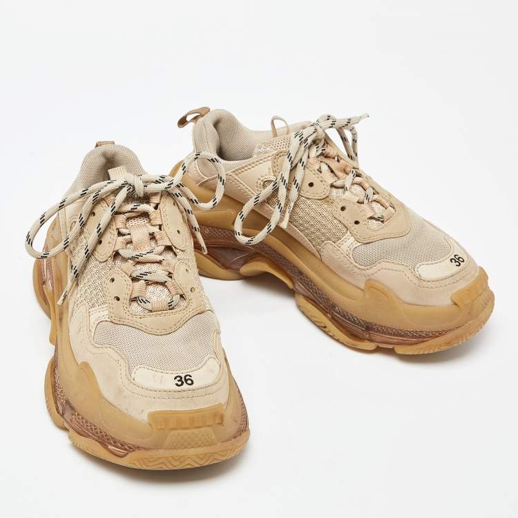 مملوكة مسبقًا Balenciaga Beige Mesh and Faux Leather Triple S Clear Sole Sneakers Size 36