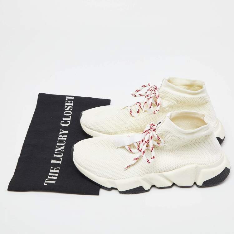 Pre Owned Balenciaga Cream Knit Fabric Speed Lace Up Sneakers Size 39