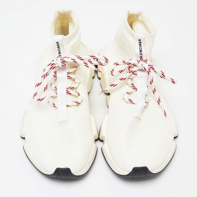 Pre Owned Balenciaga Cream Knit Fabric Speed Lace Up Sneakers Size 39