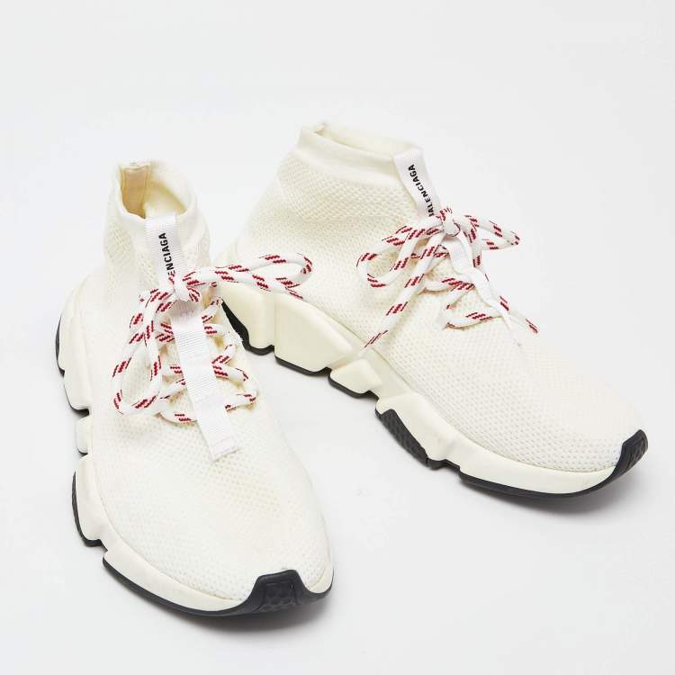 Pre Owned Balenciaga Cream Knit Fabric Speed Lace Up Sneakers Size 39